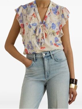Lauren Ralph Lauren Floral Pintucked Tie Neck
Ruffled Blouse, Cream, Size L, NWT